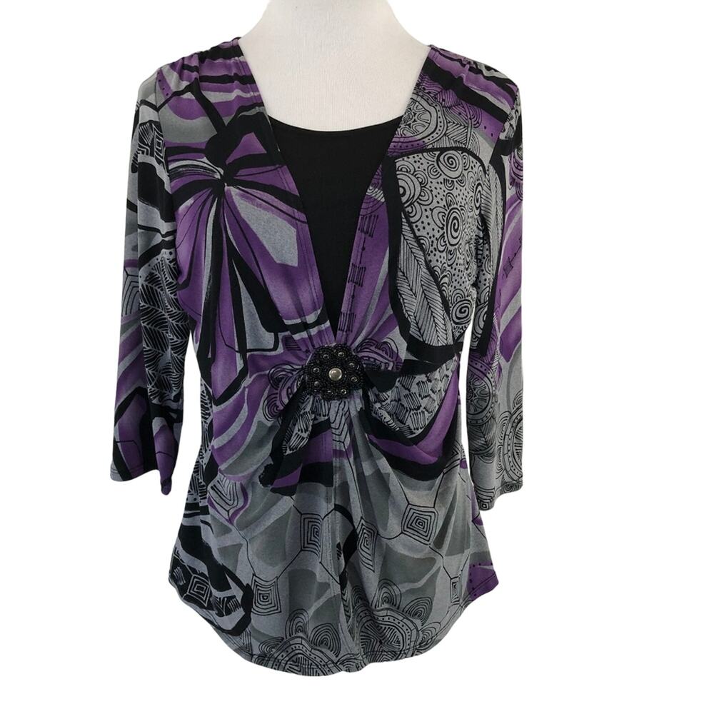 Ruched Front Slinky Blouse 2 Layer Lagenlook Purple Size Medium Bay Studio